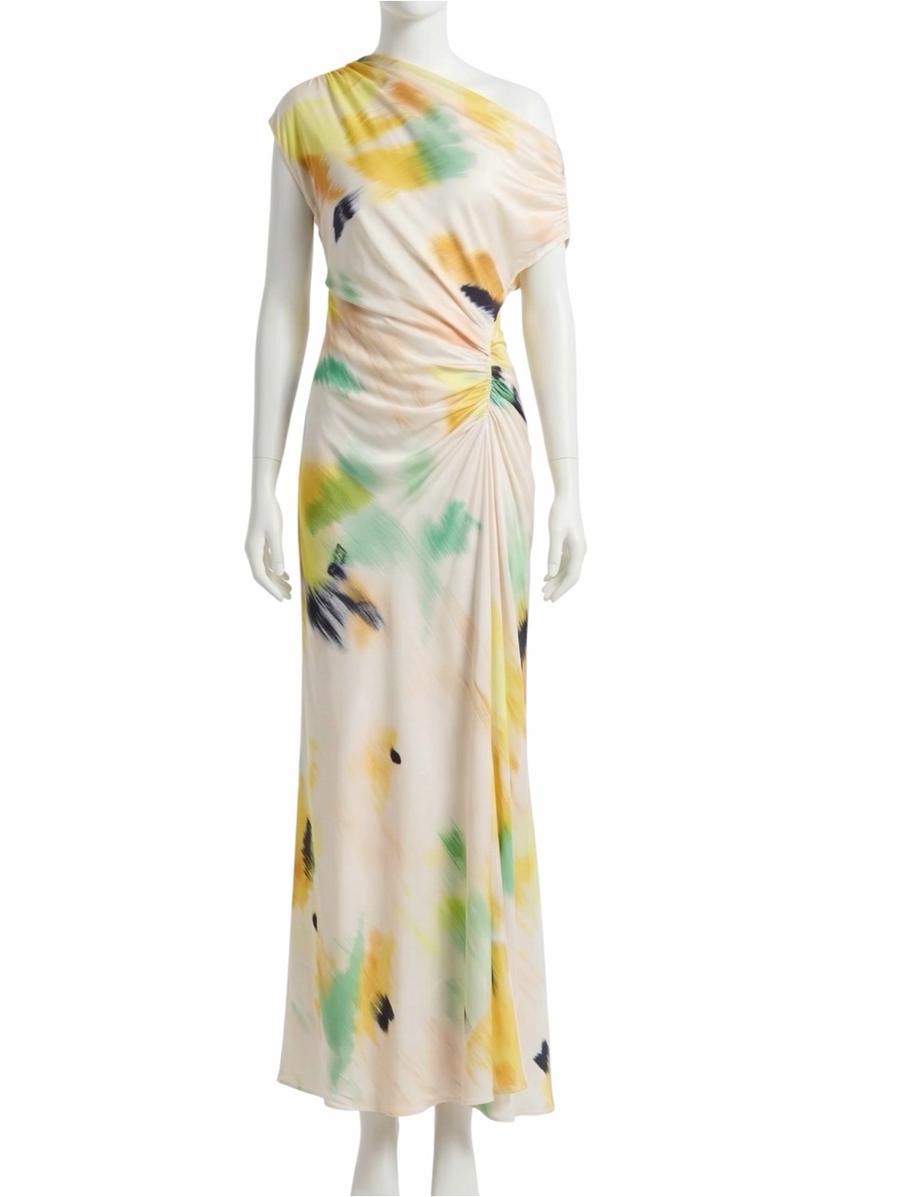 A.L.C. Penny Women’s Yellow Floral Satin Ruched Off-Shoulder Cocktail Maxi Dress - Picture 9 of 13